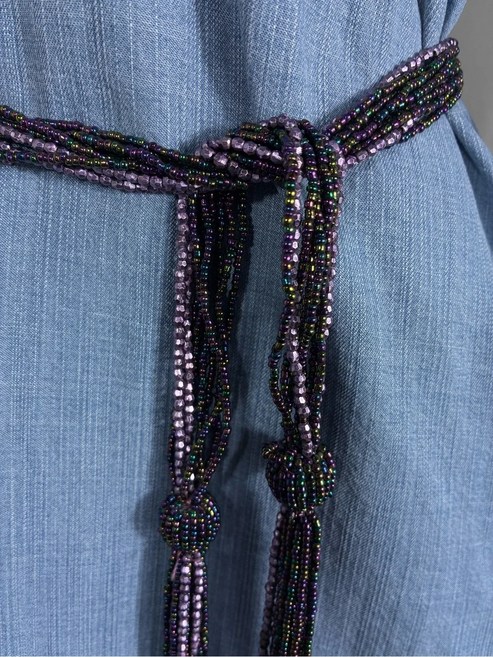 Womens belt beaded 35” plus tassels Purple/black Multi-Strand Waist Belt